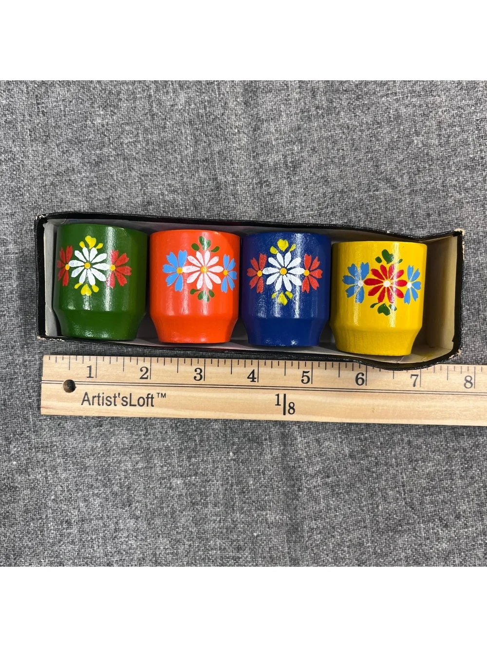 Vintage Hand Painted Daisy Wood Egg Cup Lot of 4